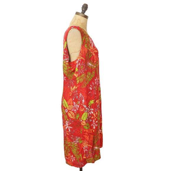BAHAMA BEACH Hawaiian V-Neck Tank Dress 12 Red Floral Vacay Travel Coastal B29 - Picture 2 of 5
